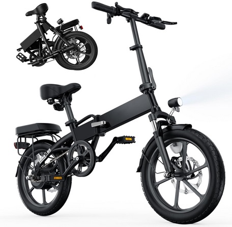 Finbike U3 Electric Folding Bike, 16 inch Portable Electric Bicycle, 2.5H Fast Charge Ebike, 18.6MPH & 55KM Range, 3 Riding Modes, Front Shock Absorber, Foldable E-bike for Adults/Teens