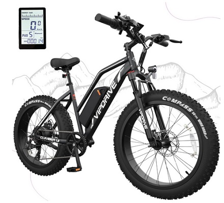 Vipdrive Electric Bike for Adults, 500 Motor, 48V 13AH Battery, 26 Inch Fat Tire Electric Bicycle, 7 Speed Up to 26MPH 60Miles Range Mountain E-Bike UL 2849 Certified