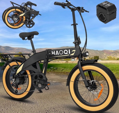 HAOQI Folding Electric Bike for Adults, 500W (Peak 750W), 48V 10.4Ah Removable Battery,Brushless Motor Electric Bycicle with PAS Throttle,20\'\' *4\'\'Fat Tire with Phone Holder, 7-Speed Ebike