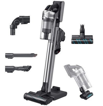 Samsung Jet 90 Cordless Stick Vacuum Long Lasting Battery and 200 Air Watt Suction Power, Complete with Telescopic Pipe, Titan Silver