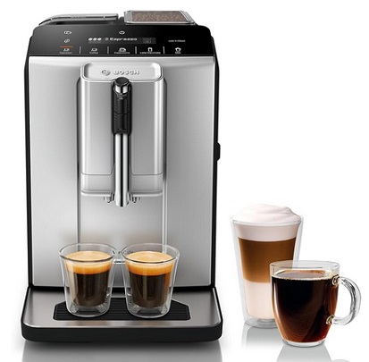 Bosch TIU20307 300 Series Fully Automatic Espresso Machine with Milk Express (in-cup frother), LCD + Touch Control Panel, OneTouch Milk-based Beverages and 5 Beverage Options, in Silver