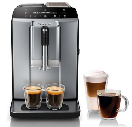 Bosch TIU20508 300 Series Fully Automatic Espresso Machine with Milk Express (in-cup frother), LCD + Touch Control Panel, Cup Warmer, OneTouch Milk-based Beverages and 5 Beverage Options, Dark Silver