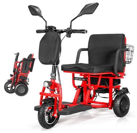 3-Wheel Folding Electric Scooter Lightweight Foldable Mobility Scooter for Adults & Seniors, Detachable Lithium Battery, Long Range 20 Miles, 4-Speed, with Rearview Mirror & Turn Signal (Premium Red)