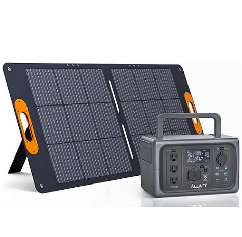 ALLWEI 500W Solar Generator with 100W Solar Panel, 512Wh LiFePO4 Portable Power Station with 3 AC Outlets(1000W Surge), Battery Generator for RVs Outdoor Camping CPAP Home Backup Power Outage