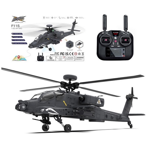 Razordon F11-S AH64 RC Helicopter for Adults, 1/32 Scale 2.4G 6CH Dual-axis Co-Drive Flybarless Stunt RC Military Helicopter with GPS Flight Control System (RTF GPS Smart Version)