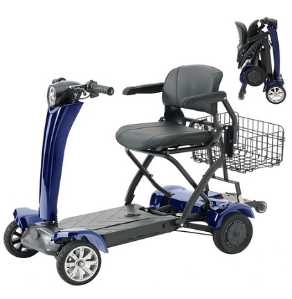 WTRAVEL Auto Folding 4-Wheel Electric Scooter Automatic Foldable Mobility Scooter All-Terrain Scooter for Adults & Seniors, Detachable Lithium Battery, 22Miles Long Range, Max Load 300lbs, with Remote (Blue)