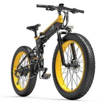 BEZIOR X500 Fat Tire Folding Electric Mountain Bike 12.8Ah Removable Battery BMS 500W Brushless Motor 26*4.0 Wheels Aluminum Alloy Frame Shimano 27-speed Shifter Max Speed 35km/h 100KM Power-assisted Range IP54 Oil Disc Brake - Black Yellow