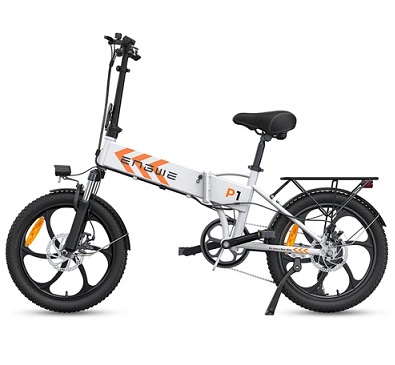 ENGWE P1 Folding Electric Bike 250W Motor 20in wide Tires 36V 13Ah Battery 25km/h, Dual Disc Brake Aluminum Alloy Body Shimano 7 Gears Max 100km Range IP54 Waterproof - White