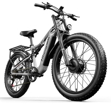 Shengmilo S600 Full Suspension Adult Electric Mountain Bike, 48V 17.5AH Battery , 26 Inch Fat Tyre, Dual Motor Ebike, Three Riding Modes