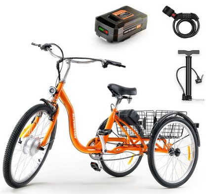 SuperHandy Adult Tricycle Electric Bike EcoRide 3 Modes, Adaptive Torque Pedal Assist, 250W Motor, (2) Lithium Batteries, 330LB Capacity, Large Storage Basket, LED Headlight, Air Pump+Lock Included