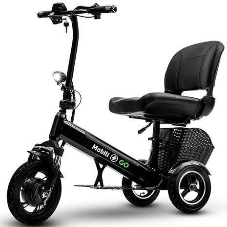 MobiliGo - 3 Wheel Foldable Electric Mobility Scooters for Adults, Seniors, and Elderly - Folding Scooter Lightweight - Long Range Travel, Power Extended Battery with Charger and Basket Included