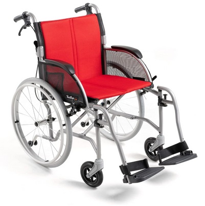 Feather Mobility - Red Cushion 13.5lb Silver Frame Lightweight Folding Wheelchair - with Swingaway Legrests, Anti-tippers, and Quick Release Wheels