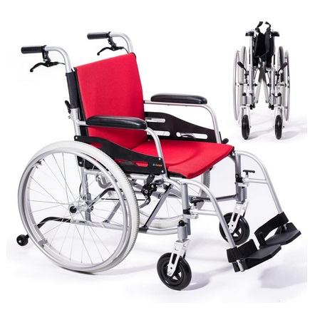 Hi-Fortune HM303D Magnesium Wheelchair 21lbs Lightweight Self-propelled Chair with Travel Bag and Cushion, Portable and Folding 17.5” W Seat, Park & Brake Anti-Tipper, Swing-Away Footrests, Ultra-Light, Red