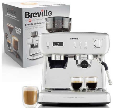 Breville Barista Max+ Espresso, Latte & Cappuccino Coffee Machine, Intelligent Grind & Dosage, Precision Extraction Timer, Integrated Milk Frother, 15 Bar Italian Pump, Silver [VCF153]