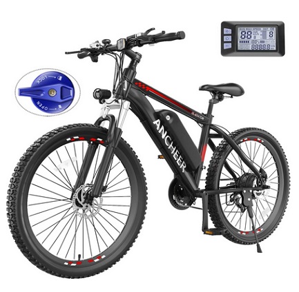 ANCHEER Gladiator Electric Mountain Bike Bike 26\'\' Tire 500W Motor[Peak 750W], 48V 499Wh Ebike, Up to 45 Miles, 3H Fast Charge, LCD Display, 21Speed, 22MPH Adults Electric Bicycle