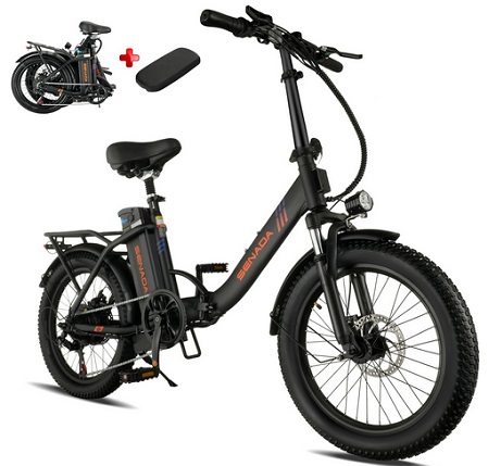 SENADA Electric Bike for Adults, 20 x 3.0 Fat Tire Folding Electric Bicycle, 750W Peak Foldable Ebike 25MPH 65Miles Range, Dual Suspension & 7-Speed with Rear Seat Cushion