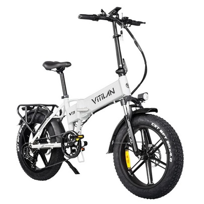 Vitilan V3 Electric Bike, 750W Brushless Motor, 48V 13Ah Battery, 20*4\'\' Fat Tires, 70km Range, Disc Brakes, Shimano 7 Speed, LCD Display - White