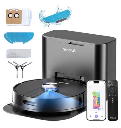 SmartAI S8 Pro Robot Vacuum Cleaner with Base Station, 5000Pa Suction Power, 380ml Water Tank, 3L Dustbin, 45+ Days Dust Storage, Remote/Voice/App Control