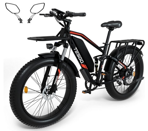 TESGO Explore Adults Electric Bikes Peak 1000W, 48V 17.5Ah 26 * 4.0 Inch Fat Tire Snow Ebike, Electric Mountain Bicycle, 7 Speed Gears 28Mph Dual Shock Absorbers,【Front Rack Included】