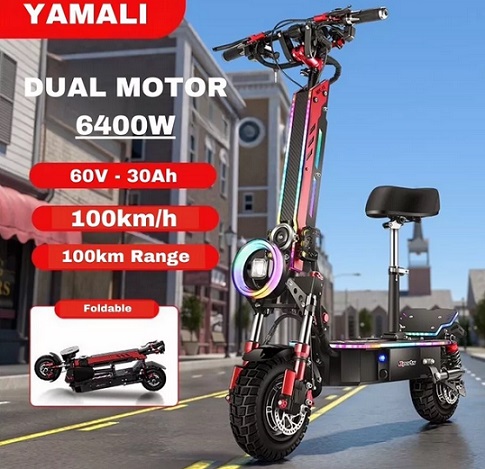 YAMALI Foldable Electric Scooter Dual Motor 6400W 11 inch off-road Tire, 60V 30Ah Battery, FAST speed 100km/h, 100 Km Range