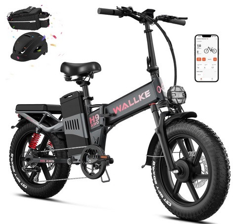 Wallke H9 Folding Electric Bike for Adults, 2000W Dual Motor, 48V 40Ah/60Ah/82Ah Long Range Ebike, 20 inch Fat Tire Electric Bicycles for Delivery/Full Suspension/34MPH/AWD E-Bike