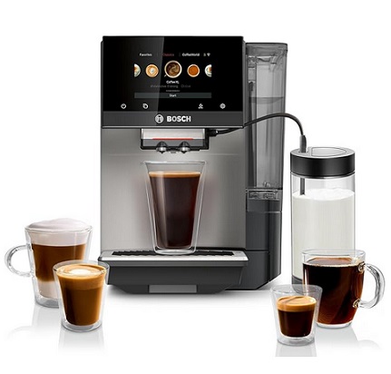 Bosch TPU60501 800 Series VeroCafe Fully Automatic Espresso Machine with Home Connect, Glass Milk Container, 36 Coffee Varieties with Coffee World, Double Cup, in Metallic Silver