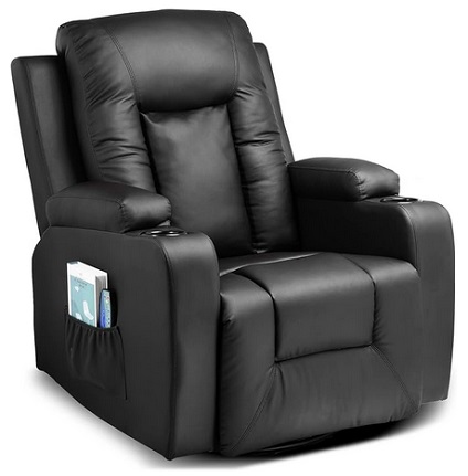 COMHOMA Leather Recliner Chair Modern Rocker with Heated Massage Ergonomic Lounge 360 Degree Swivel Single Sofa Seat with Drink Holders Living Room Chair (Black)