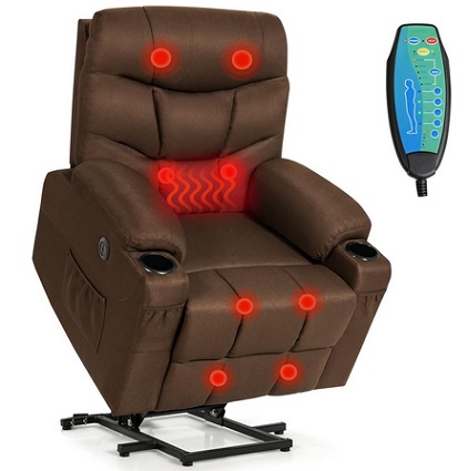 Giantex Power Lift Recliner Chair for Elderly, Electric Stand up Sofa w/Massage & Heat, Heavy-Duty Reclining Mechanism, Linen Fabric Living Room, USB Port, Pockets, Holders, Brown (GT10261BN-HV)