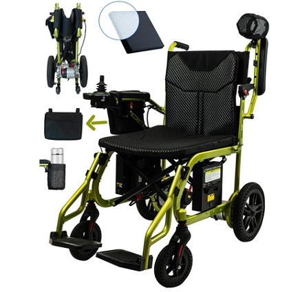 20 Miles Travel Range Lightweight Electric Wheelchair with Two 10Ah Batteries, Foldable & Portable Motorized Wheelchair with Cup Holder, Bag, Extra Air Fiber Cushion for Power Wheelchair, Green