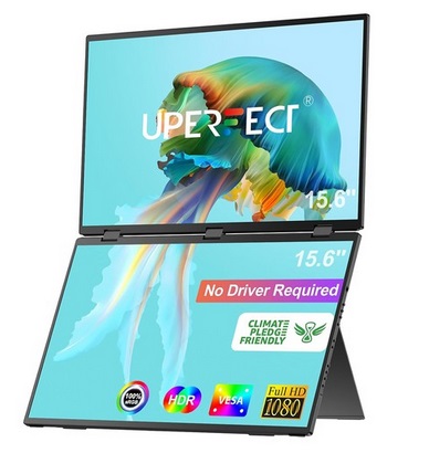 UPERFECT Delta 15.6-inch Dual Screen Portable Folding Monitor, 1920*1080 FHD IPS Screen, 60Hz Refresh Rate, 1000:1 Contrast Ratio, 360° Folding, Built-in Speaker, Built-in Stand & VESA Mountable, 2*Full-Featured Type-C, 2* mini HDMI