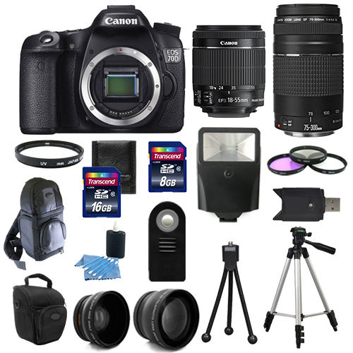 Canon EOS 70D SLR Camera + 4 Lens Kit 18-55 STM +75-300 mm + 24GB