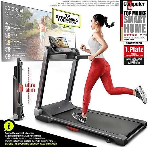 Sportstech FX300 Ultra Slim Treadmill - German Quality Brand - Video Events & Multiplayer APP, huge running surface 51x122cm & no assembly, 16 km/h, USB, pulse belt compatible for Cardio Training