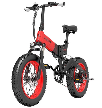 LAOTIE FT100 1000W 15AH 20x4in Fat Tire Folding Electric Moped Bicycle 35KM/H Top Speed 90-120KM Max Mileage Electric Bike - Black Red