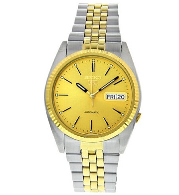 Seiko 5 SNXJ92 Men Watch Automatic Two-Tone Gold Dial Stainless-Steel Wristwatch