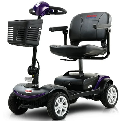 BTMWAY Compact 4 Wheel Travel Mobility Scooter, Heavy Duty Handicap Electric Scooters with 4 Anti-Tip Wheels, Compact Lightweight Mobility Scooters for Senior Adults Elderly, Foldable Mobility Scooter, Holds 300lbs, Purple