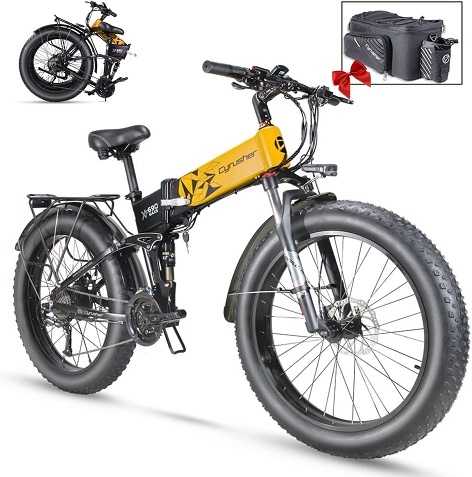 Cyrusher XF690 Electric Mountain Bike, 1000w 48V/15AH Battery Folding Ebike Shimano 9 Speeds Fat Tire Foldable Electric Bicycle for Adults Full Suspension with Mudguard and Rack