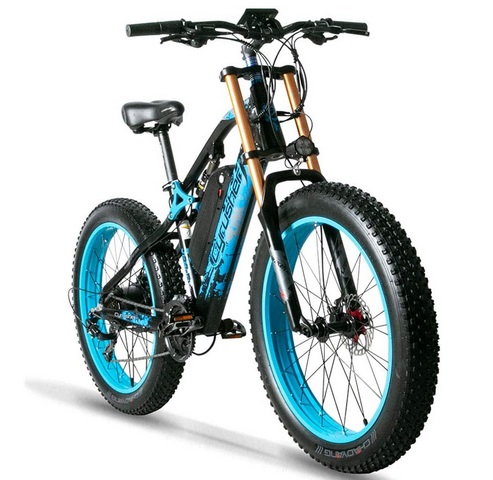 Cyrusher XF900 Electric Mountain Bike, 750w 48V/17AH Battery Ebike Shimano 7 Speeds Fat Tire Foldable Electric Bicycle for Adults Full Suspension with Mudguard and Rack