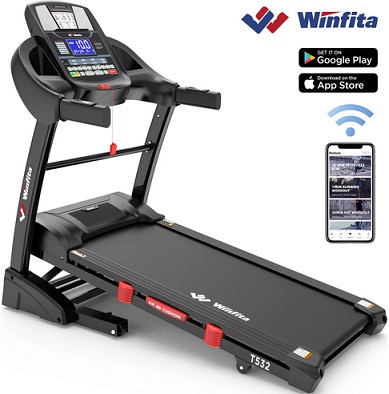 Winfita T532 4.5HP Smart Folding Treadmill with APP Control, 15 Levels Auto Incline Treadmill, Electric Treadmill with 64 Preset Programs, Upgrade HiFi Stero Bluetooth Speakers, Up to 10MPH Speed