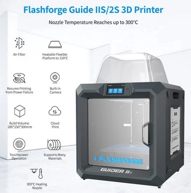 Flashforge Guider 2S 3D Printer, Auto-Leveling, 0.2mm Print Precision, Built-in Camera, 300 Celsius Heating Nozzle, Air Filter, Resume Printing, Filament Run-out Detection, WiFi Connection, 280*250*300mm, for Industrial Use
