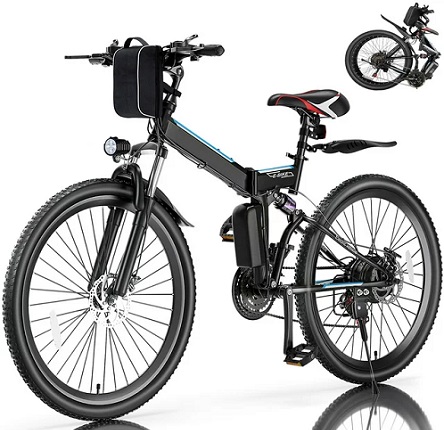 Elifine 26inch Folding Mountain Electric Bike for Adults, 500W Motor, 21 Speed, Full Suspension, 48V Foldable Ebike with Removable 7.8Ah Lithium-Ion Battery Electric Commuter Bike