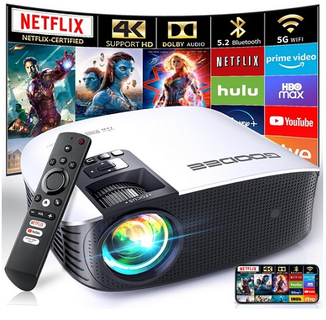 GooDee YG600 Smart Projector with 5G WIFI and Bluetooth Projector,FHD Outdoor Movie Projector with Netflix/Amazn Prime Video Certified,Home Theater Projector with Dolby Audio 4K Projector TV Stick USB Suppo
