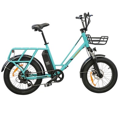 Luchia TAURO Electric Bicycle 20*3.0 inch Fat Tire 250W Motor 36V 10AH Battery 25km/h Max Speed 45-55km Range Mechanical Disc Brakes Shimano 6-speed - Light Blue