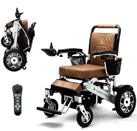 Culver Mobility Wolf Electric Wheelchair for Adults, All Terrain Lightweight Foldable Wheelchairs XL,Power Motorized Electric Wheel Chair, Comfortable Remote Control Mobility Aid (Brown Leather)