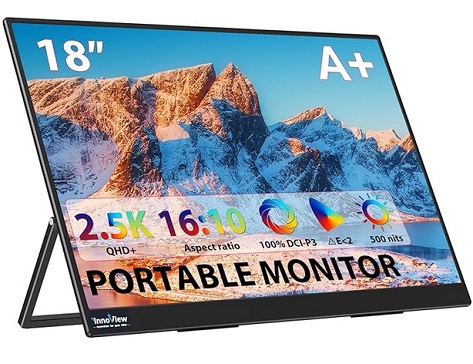 InnoView INVPM808 Portable Monitor 18\'\' 2K QHD 100% DCI-P3 Large Portable Monitor for Laptop 2560x1600 500 Nits IPS Eye Care HDR FreeSync Frameless Laptop Screen Extender for Mac Switch Xbox PS4/5