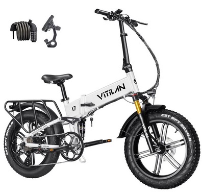 Vitilan I7 Pro 2.0 Foldable Electric Bike, 20*4.0-inch Fat Tire 750W Bafang Motor 48V 20Ah Removable Battery 28mph Max Speed 70miles Max Range Shimano 8 Speed Gear Air Suspension Front Fork Hydraulic Disc Brake LCD Display - White