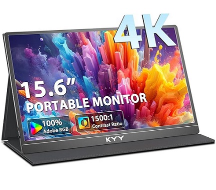 KYY K3-3 4K Portable Monitor 15.6\'\' 3840x2160 UHD USB-C Monitor, 100% Adobe RGB, 400cd/㎡, IPS Computer Gaming Display HDR Travel Monitor w/Speakers & Smart Cover for Laptop Xbox PS5 Switch PC Phone