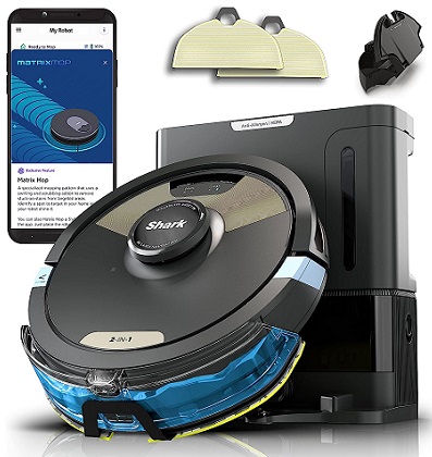 Shark Matrix Plus 2in1 Robot Vacuum & Mop with Sonic Mopping, Matrix Clean, Home Mapping, HEPA Bagless Self Empty Base, CleanEdge, for Pet Hair, Wifi, Black/Gold (AV2610WA)