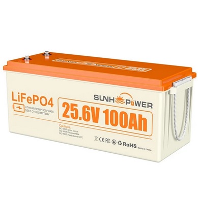 SUNHOOPOWER 24V 100Ah LiFePO4 Battery, 2560Wh Energy, Built-in 100A BMS, Max.2560W Load Power, Max. 100A Charge/Discharge, IP68 Waterproof