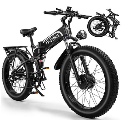 TT-EBIKE Folding Electric Bike Adults with 3000W Dual Motor 48V 23Ah Battery, 26x4.0 Fat Tire Mountain E Bike, Full Suspension 31-38 MPH, Shim 7-Speed Gear