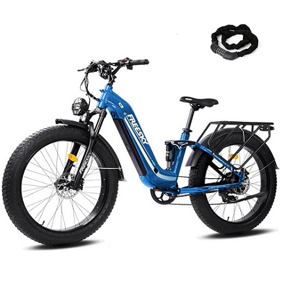 FREESKY Wild Cat Pro Electric Bike 1000W/Peak 1600W Power Motor 48V 20 AH Samsung Cells Battery Ebike up to 32MPH, 26\'\'*4.0 Fat Tire Step-Thru E-Bike, Full Suspension Electric Bicycle for Women/Men
